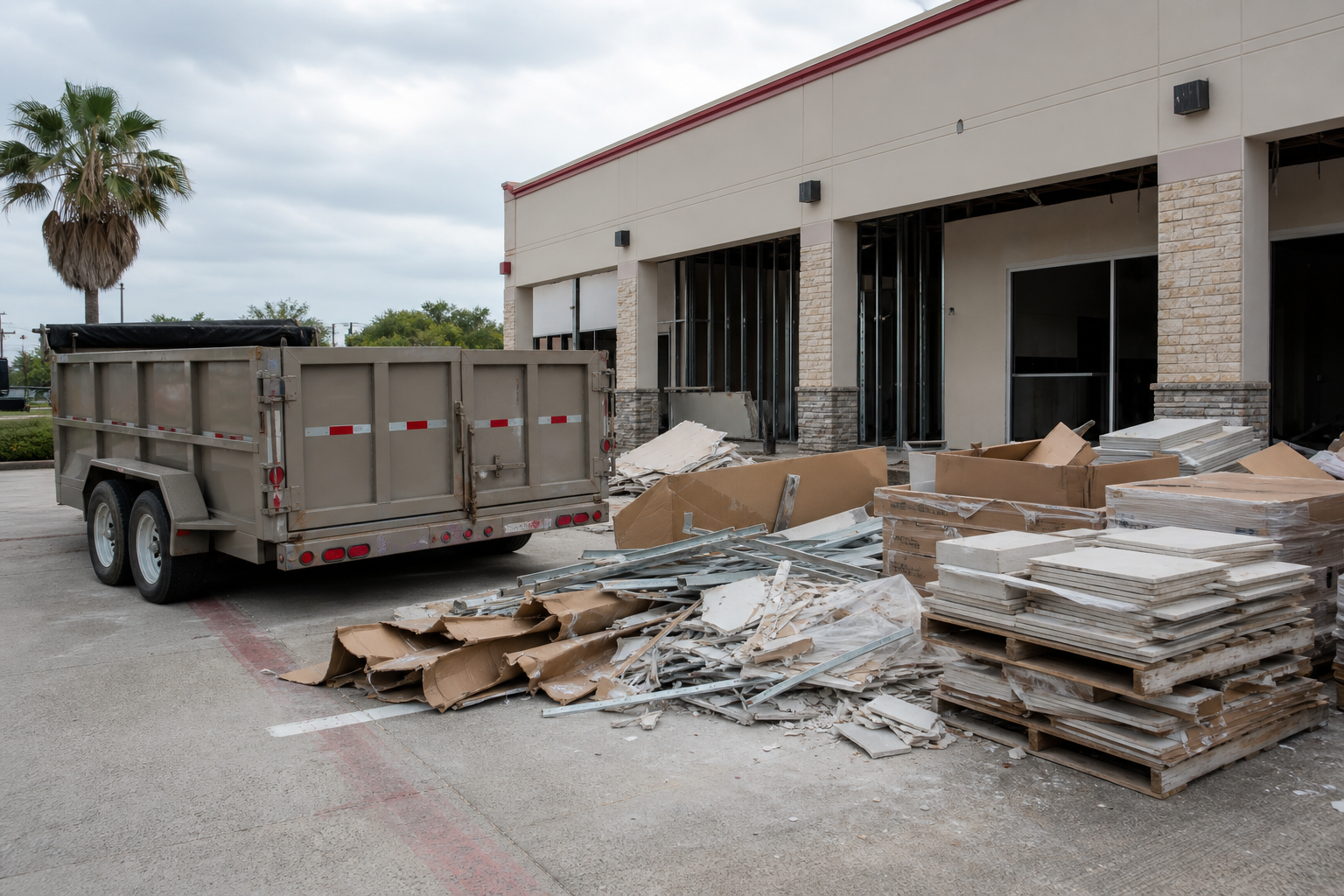 Commercial construction debris staged beside a dumpster at a Houston-area renovation site