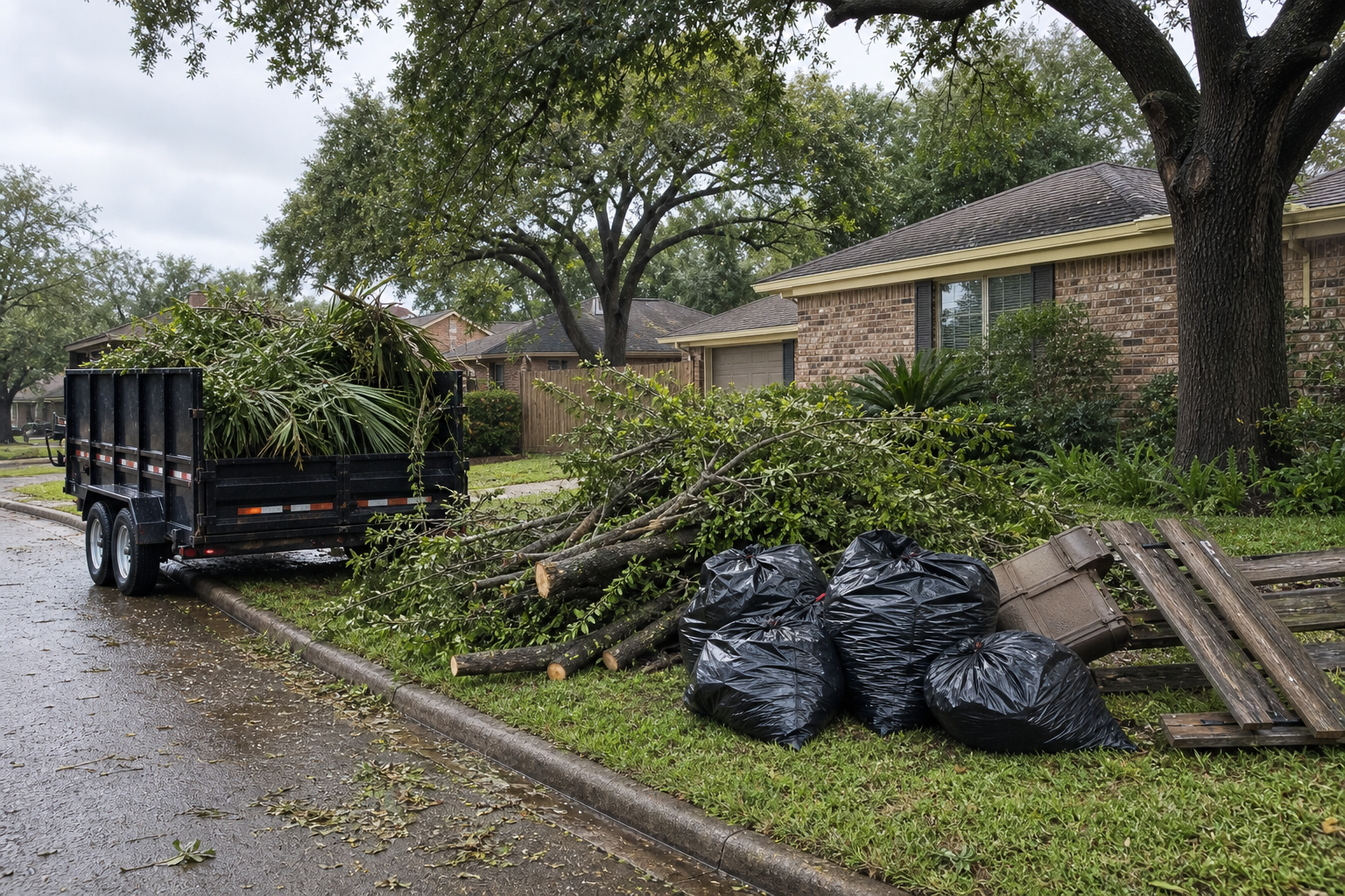 Storm debris and brush staged for hauling in a Houston-area neighborhood